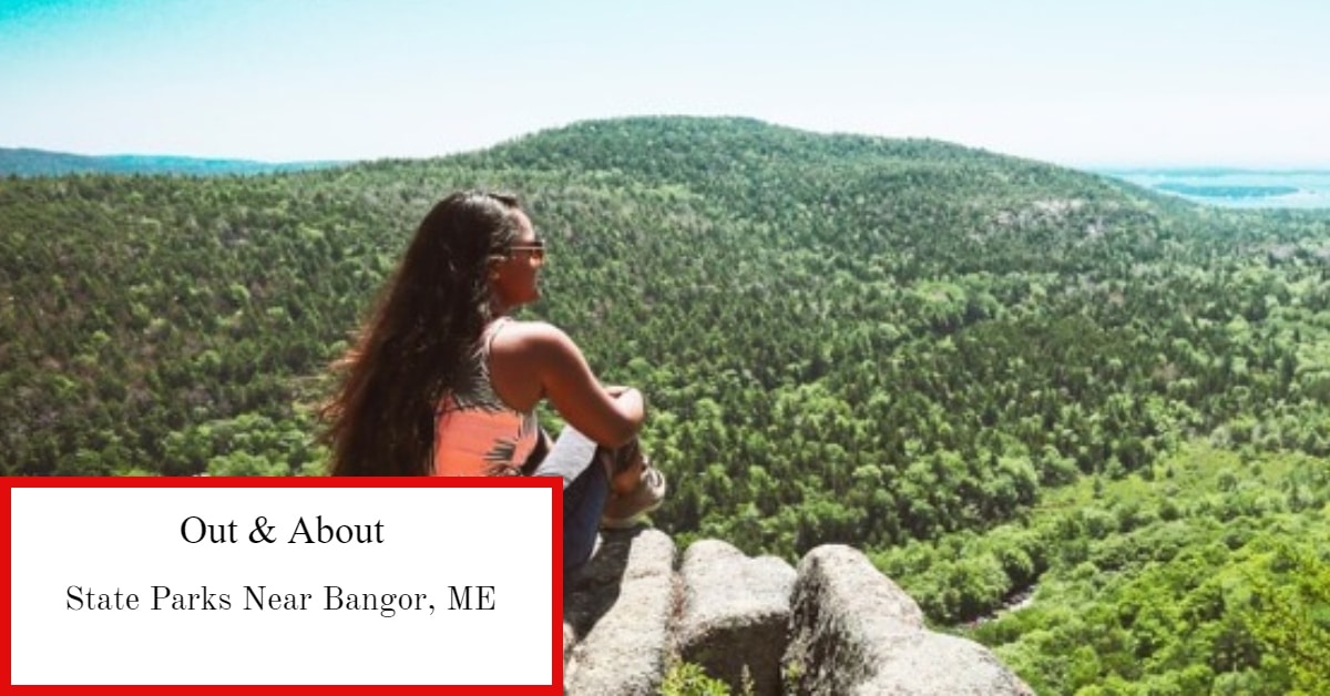 Woman sitting on a ledge looking out over a state park mountains and water